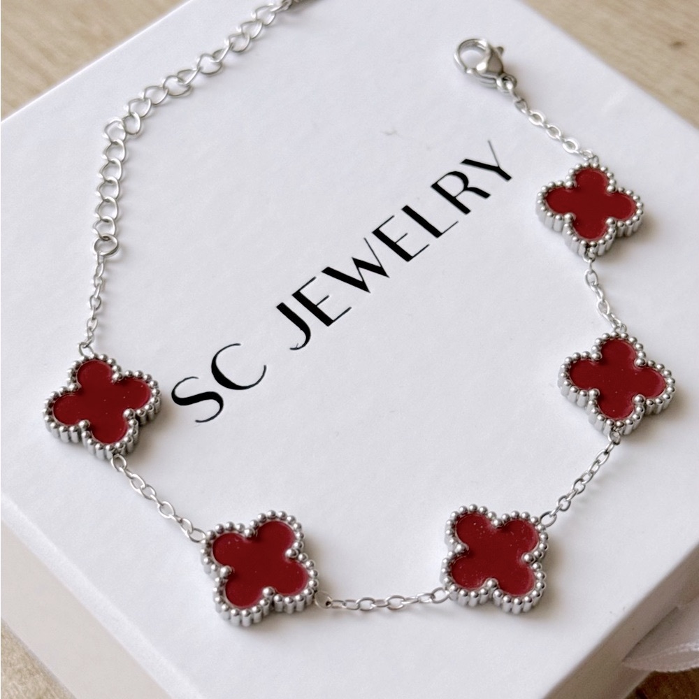 Burgundy Clover Bracelet Silver Tone Chain Double Sided